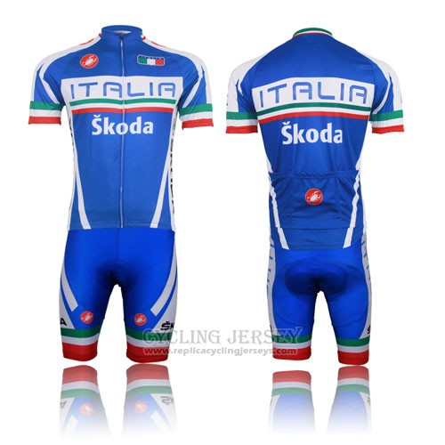 2014 Cycling Jersey Italy Blue and Red Short Sleeve and Bib Short